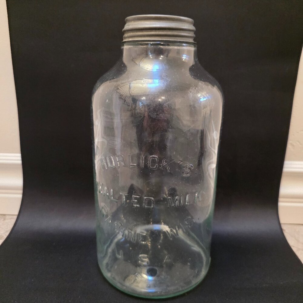 Vintage Horlick's Malted Milk, Racine USA Glass Jar 12in high with lid